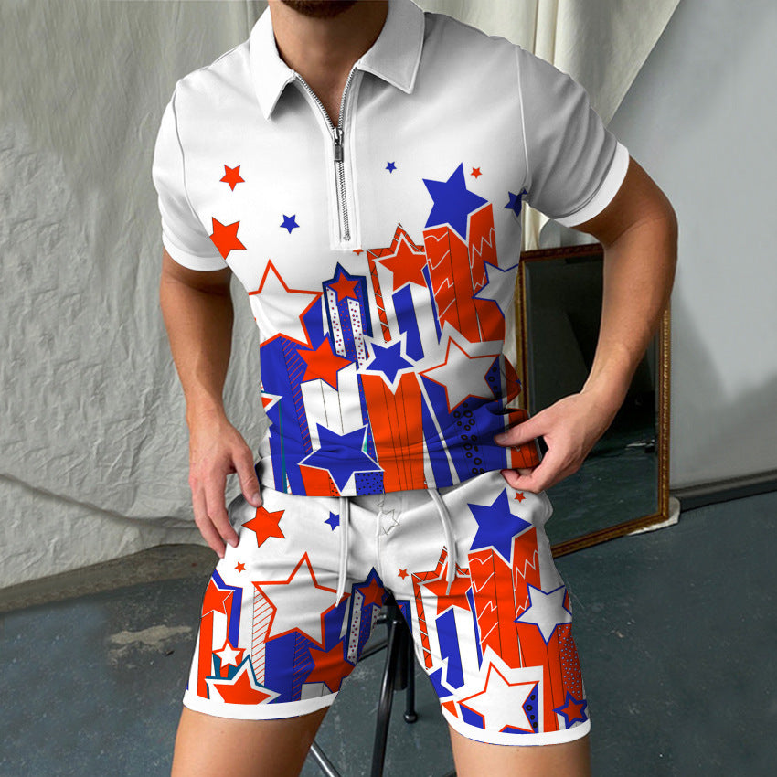 3D Printed Short Sleeve POLO Shirt Suit Men's Zipper Shorts