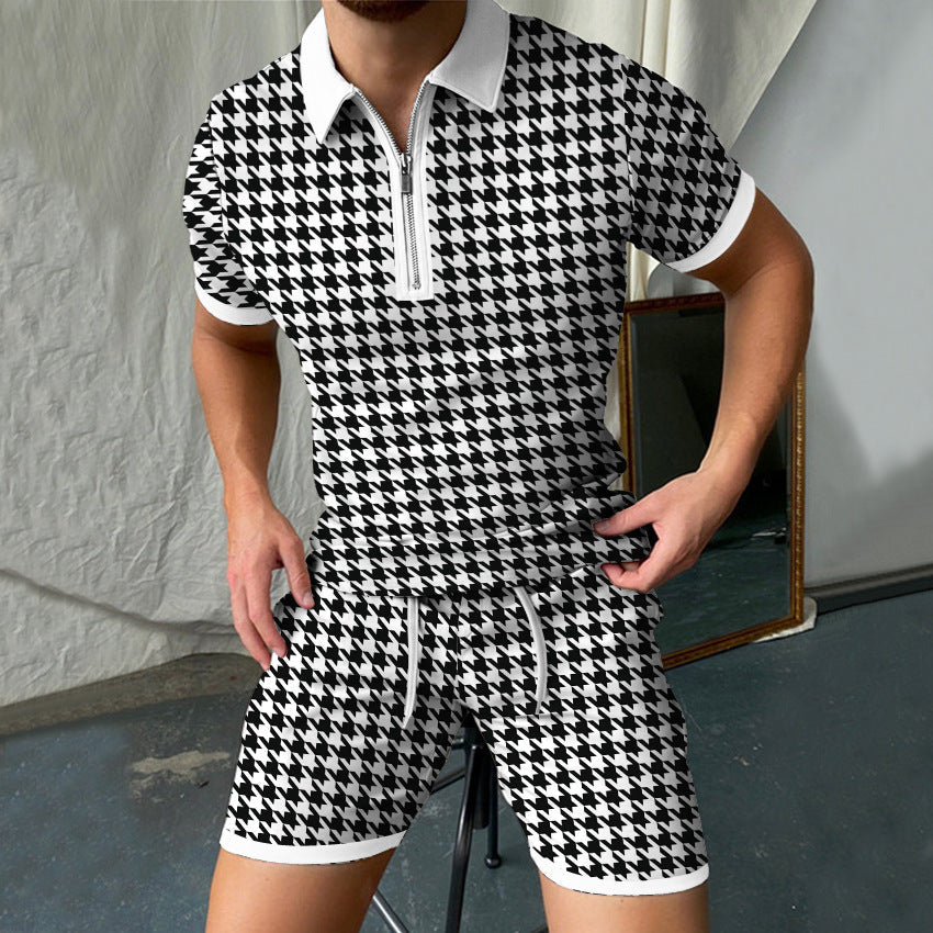 3D Printed Short Sleeve POLO Shirt Suit Men's Zipper Shorts