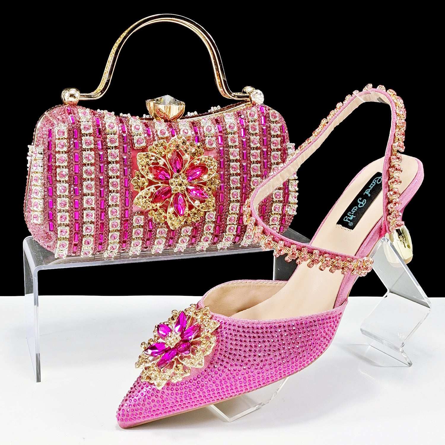 Sexy Women's Shoes And Bags Suit Drill Buckle Flower Decorative Ankle Drill Chain With Hard Clutch - globaltradeleader