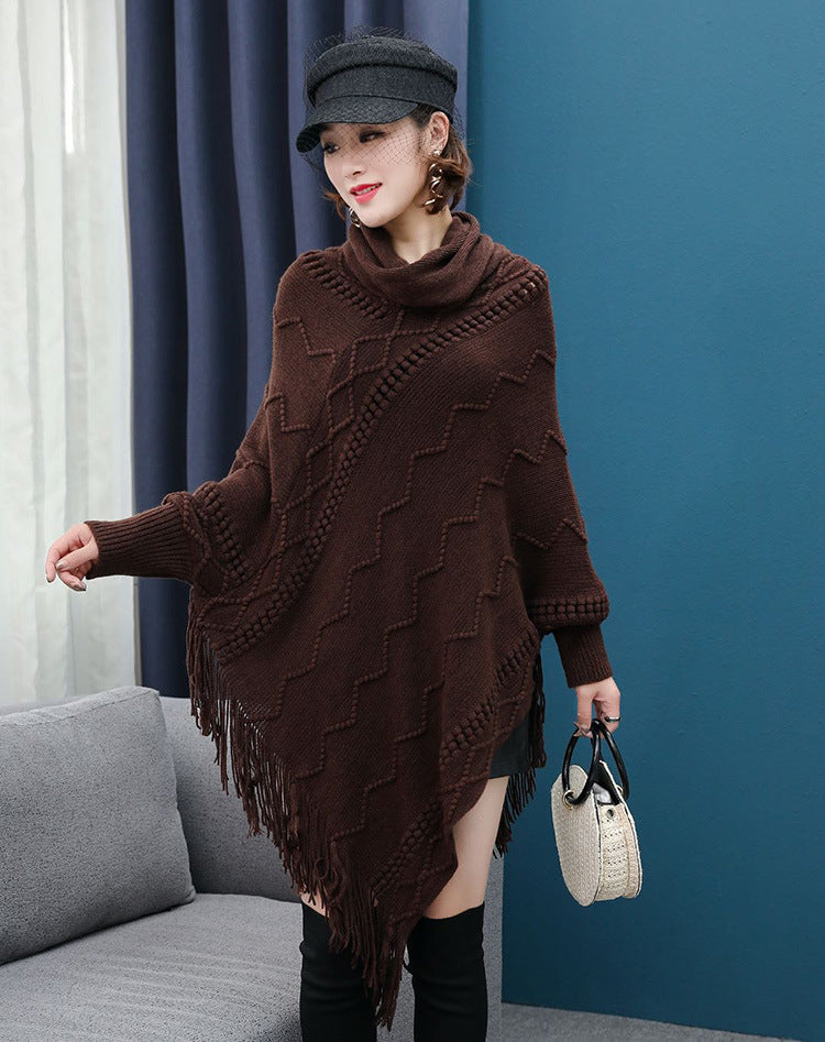 Autumn And Winter New Tassel Knitwear Shawl High Collar Warm Batwing Sleeve Pullover