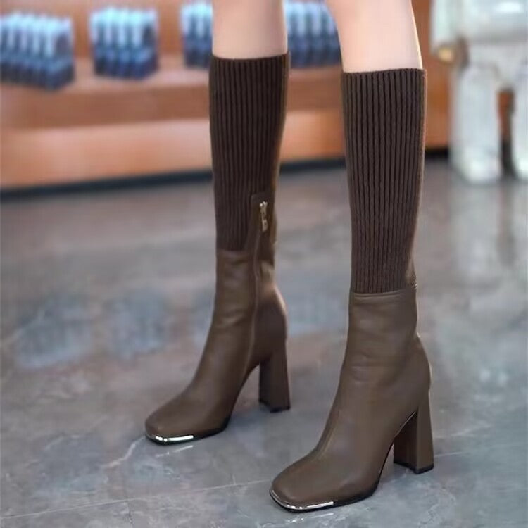Women's Autumn And Winter Knitting Stretch Socks Square Head Chunky Heel Long Boots - globaltradeleader