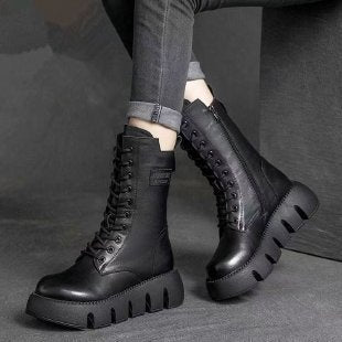 Retro Boots For Women Lace-up Shoes Autumn And Winter Versatile High Top Buckle British Boots - globaltradeleader