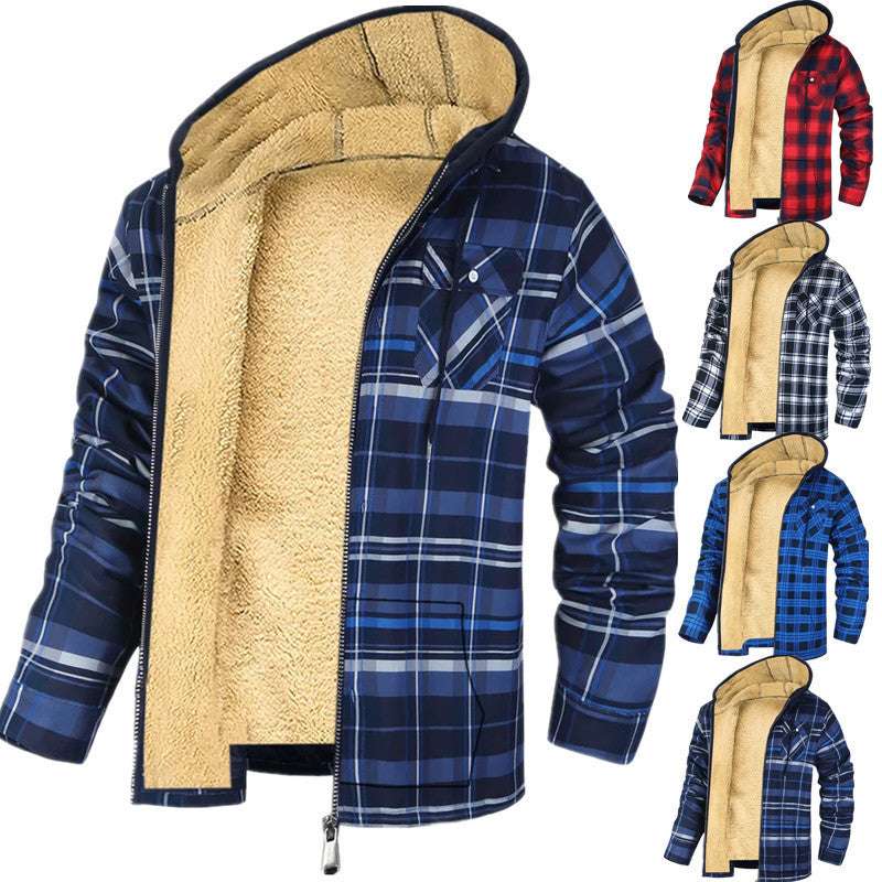 Men's Plaid Print Hooded Zip-Up Jacket Winter Thickened Cotton-padded Coat Warm Clothing - globaltradeleader
