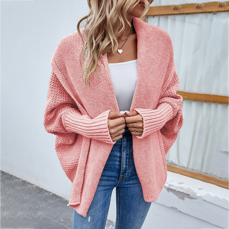 New Loose Knitted Sweater Solid Color Bat Sleeve Large Lapel Cardigan Autumn And Winter Fashion Jacket For Women Clothing - globaltradeleader