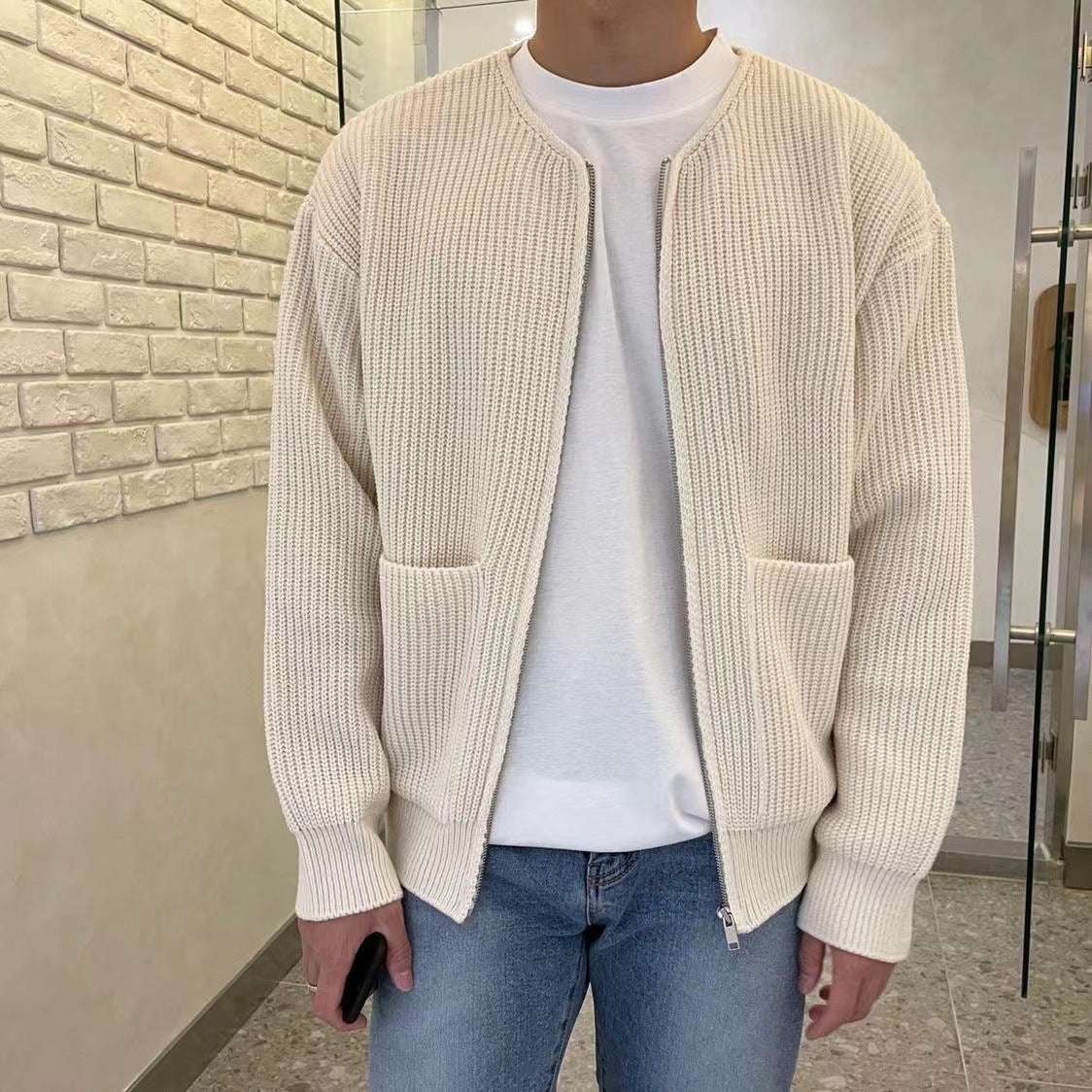 Men Zip Up Knitted Cardigan Lined Funnel Neck Jumper Sweater Pockets Coat All Seasons Comfortable Soft Long Sleeve - globaltradeleader