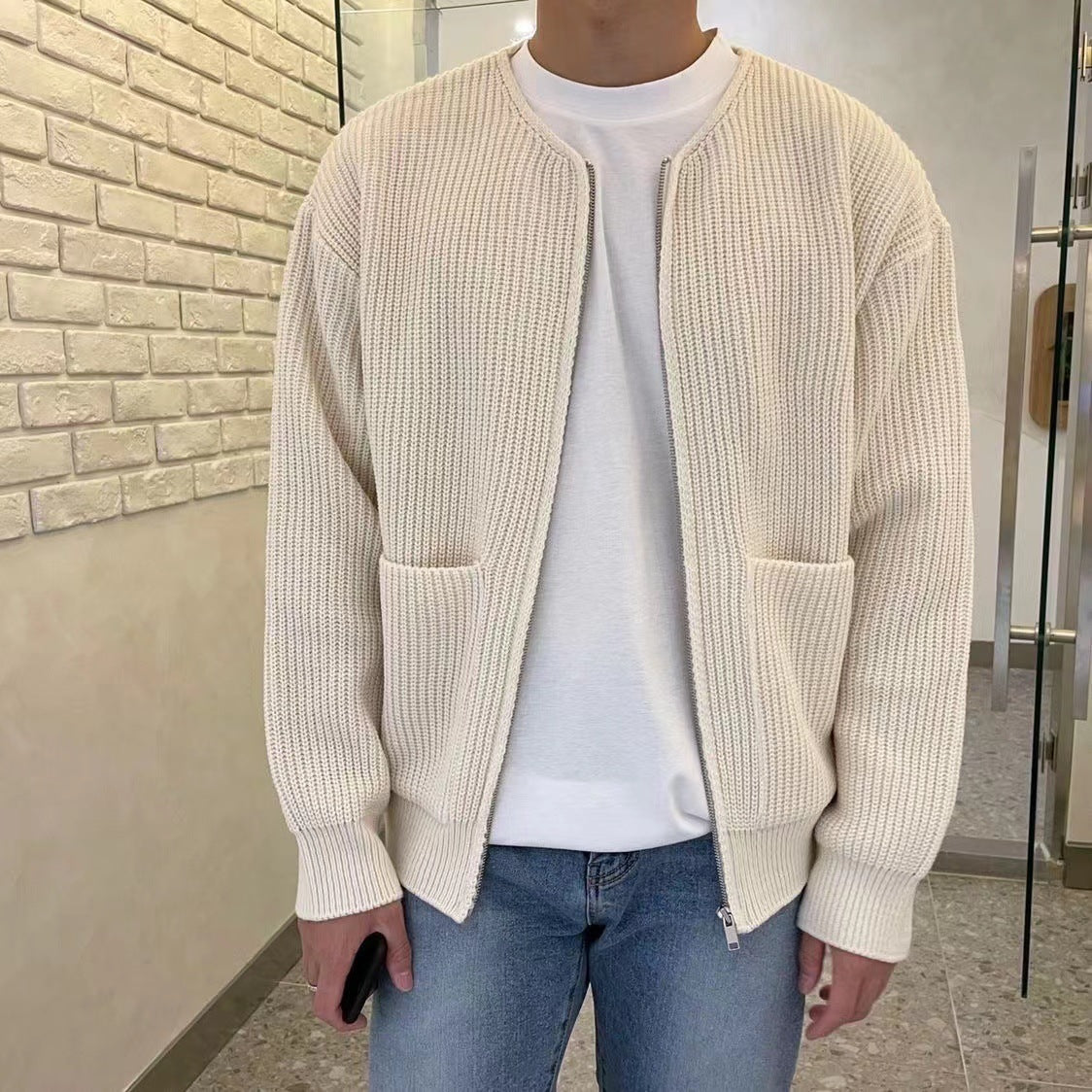 Men Zip Up Knitted Cardigan Lined Funnel Neck Jumper Sweater Pockets Coat All Seasons Comfortable Soft Long Sleeve - globaltradeleader