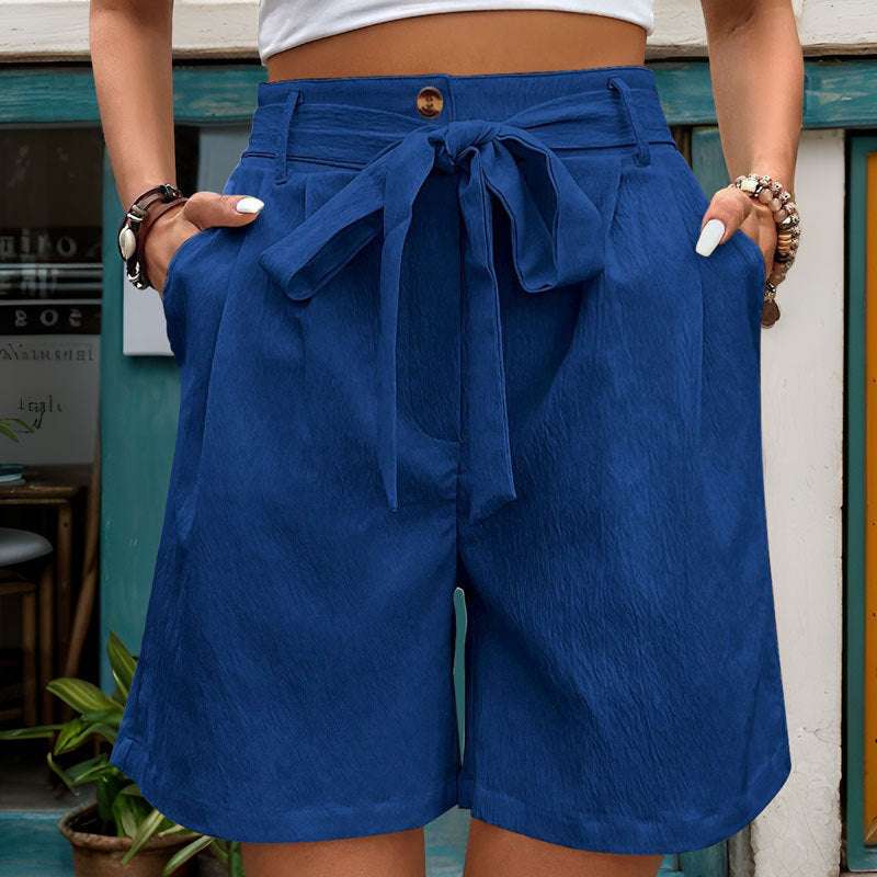 Women's Simple Casual Lace Up Elastic Waist Solid Color Shorts - globaltradeleader