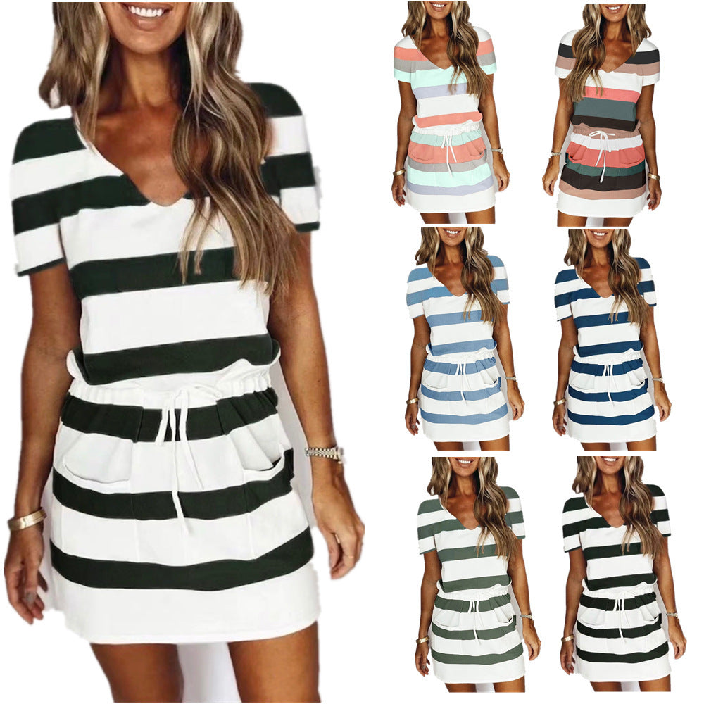 Striped Print Short-sleeved Dresses Summer Fashion V-neck Drawstring Design Short Dress Beach Womens Clothing - globaltradeleader