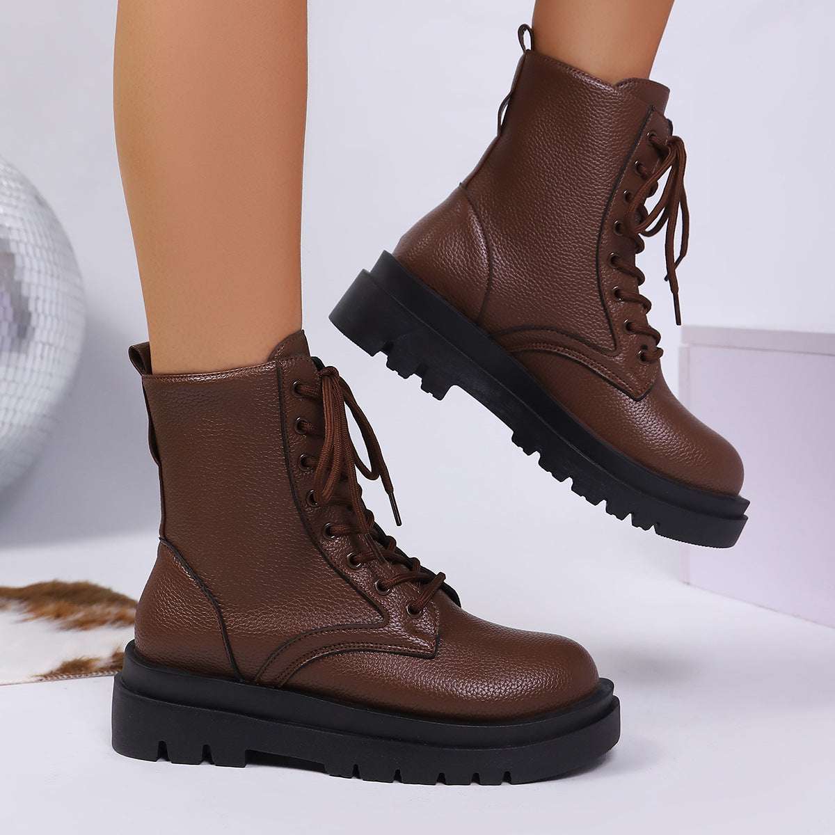 Women's Lace Up Round Toe Platform Leather Martin Boots - globaltradeleader