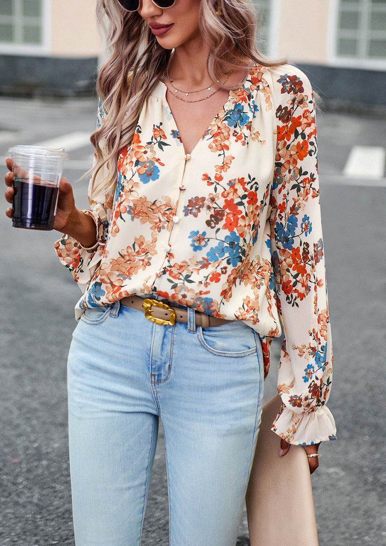 Women's Tops Casual Floral Print V Neck Long Sleeve Shirts Loose Chiffon Blouses Shirts Tops - globaltradeleader