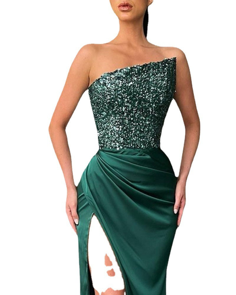 Green Sequins Long Sleeveless Fashion One-piece Long Evening Dress - globaltradeleader