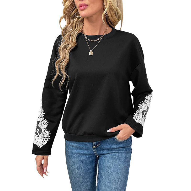 Women's Lace Stitching Round Neck Pullover Top - globaltradeleader