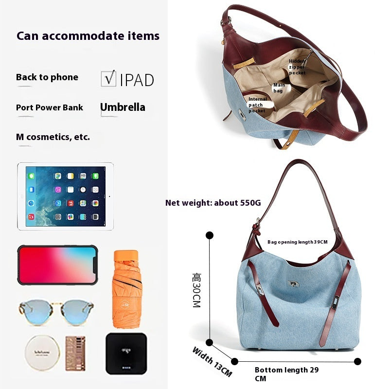 Top Layer Cowhide With Denim Fashion All-match Large Capacity Shoulder Tote Bag - globaltradeleader