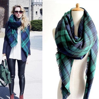 Green Plaid Neutral Acrylic Scarf