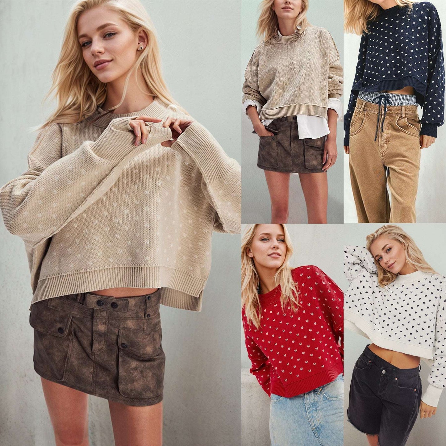 Women's Fashion Round Neck Sweater Short Loose Heart Pullover Sweater