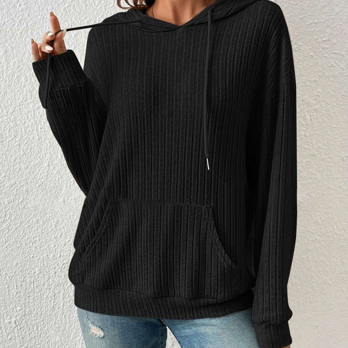 Fashion Drawstring Long-sleeved Hooded Sweatshirt With Pockets Solid Sunken Stripe Hoodie Knitwear Womens Clothing - globaltradeleader