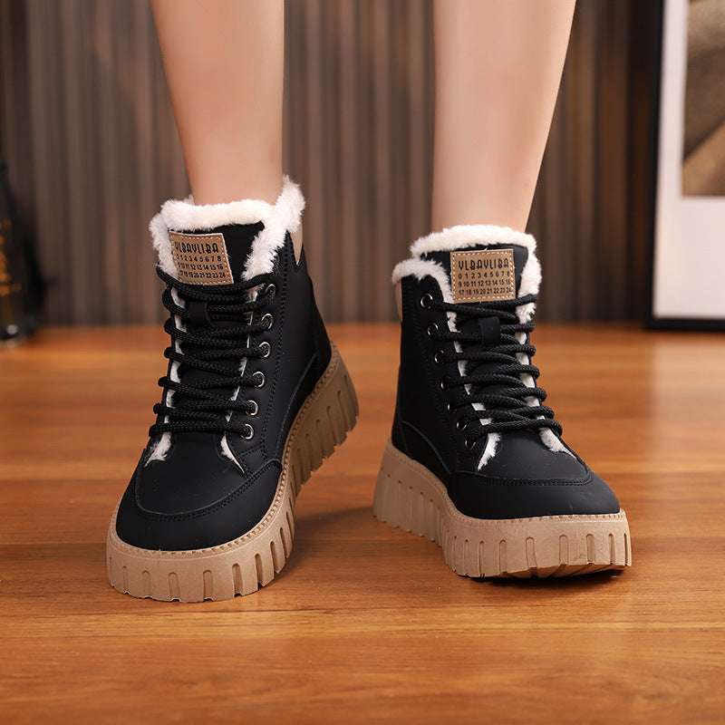 Ins Lace-up Snow Boots Winter Warm Fleece Flat Shoes For Women Fashion Casual Plush Ankle Boot - globaltradeleader