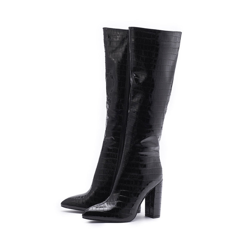 Fashion Boots Winter Pointed Toe High Square Heel Shoes With Side Zipper Mid-calf Boots Women - globaltradeleader