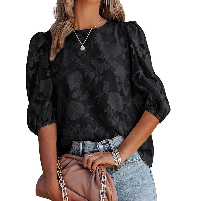 Women's Puff Sleeve Chiffon Loose Top Flower Texture Shirt - globaltradeleader