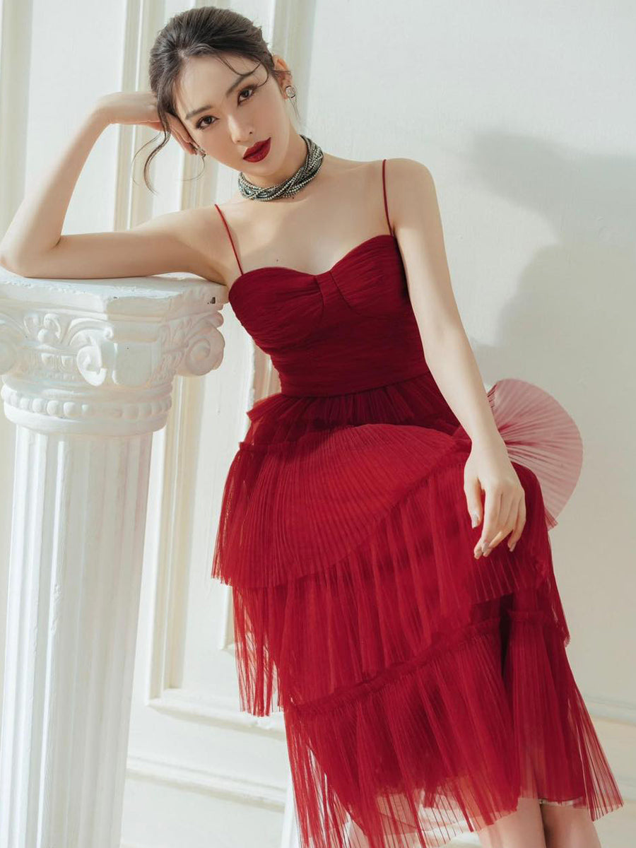 Suspender Spread Chest Temperament Dark Red Flowing Small Dress Long Skirt - globaltradeleader