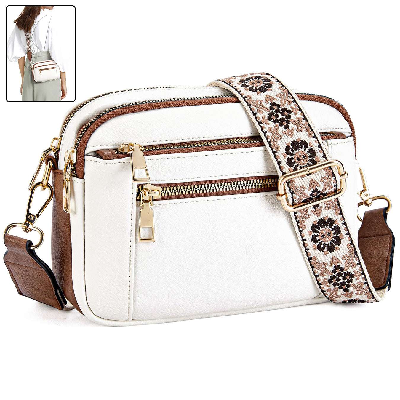 Triple-zipper Shoulder Bag With Floral Embroidered Straps Fashion Colorblock Multi-functional Crossbody Bags For Women - globaltradeleader