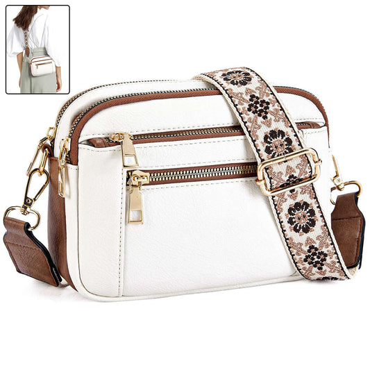 Triple-zipper Shoulder Bag With Floral Embroidered Straps Fashion Colorblock Multi-functional Crossbody Bags For Women - globaltradeleader