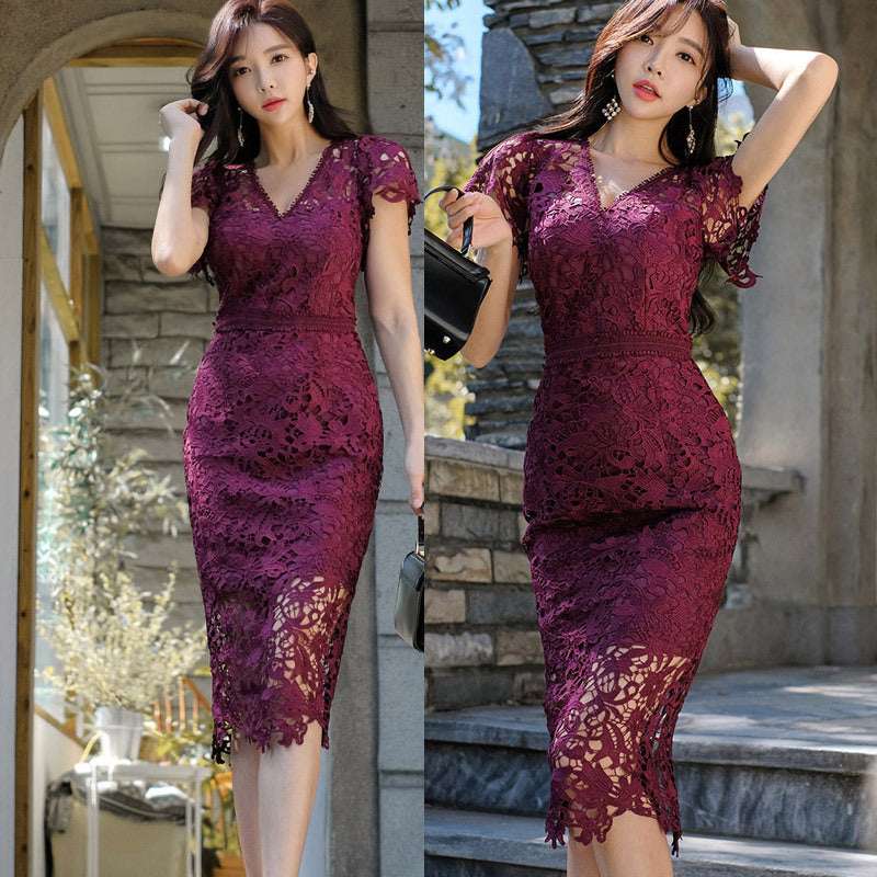 Hollow Out Water-soluble Lace Dress With V-neck And Slim Fit