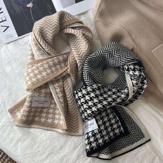 Houndstooth And Wave Pattern Print Scarf Women's Winter Korean Style Fashion Versatile Knitted Double-sided Warm Woolen Scarf