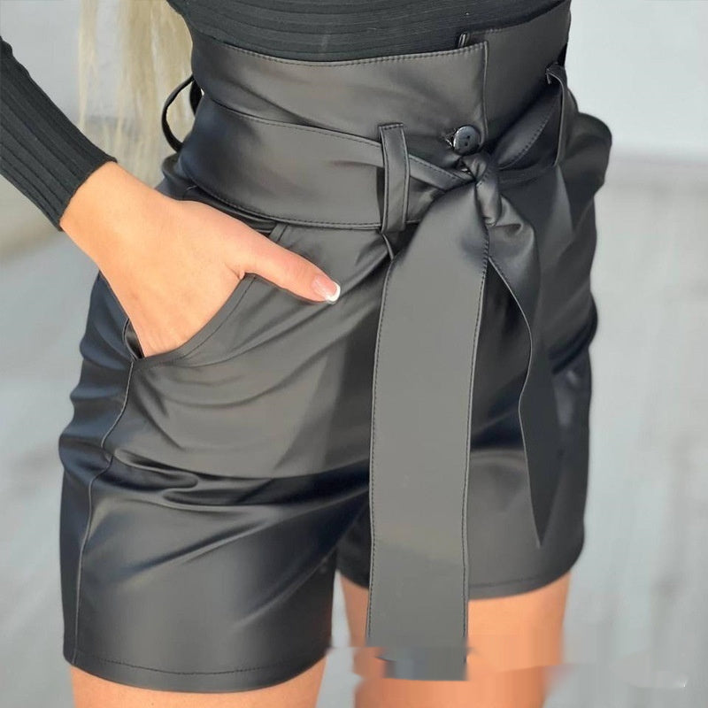 High Waist Black Strap Slim Fit Pu Shorts Belted - globaltradeleader