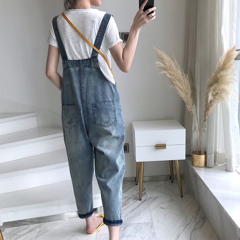 Women's Vintage Loose Cropped Denim Strap Pants