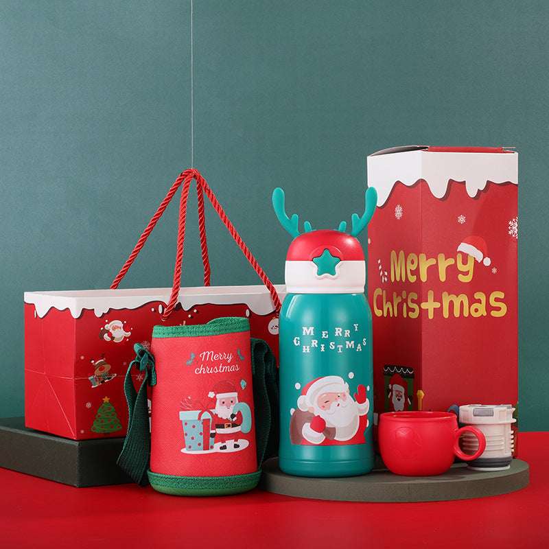 Christmas Gift Vacuum Flask Cartoon Elk Children With Cup Sleeve Bouncing Stainless Steel Double-layer Vacuum Flask