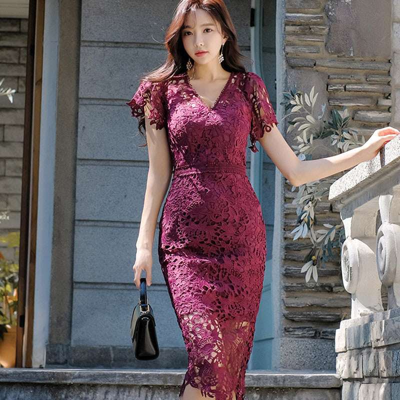Hollow Out Water-soluble Lace Dress With V-neck And Slim Fit