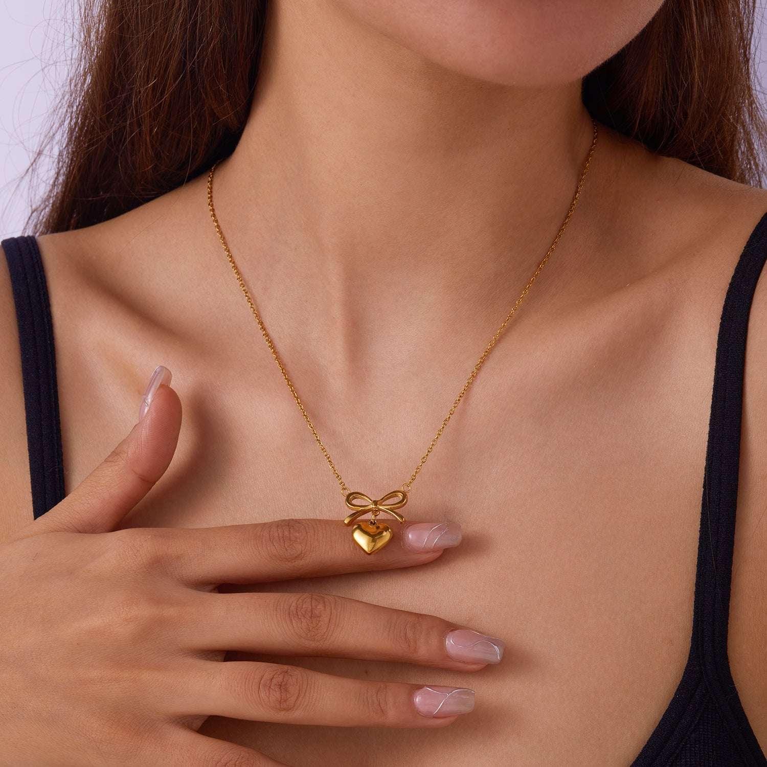 Stainless Steel New Fashion Fine Waterproof Jewelry Love Heart Bowknot Shape Charm Chain Choker Necklaces Pendant For Women Fashion Jewelry - globaltradeleader