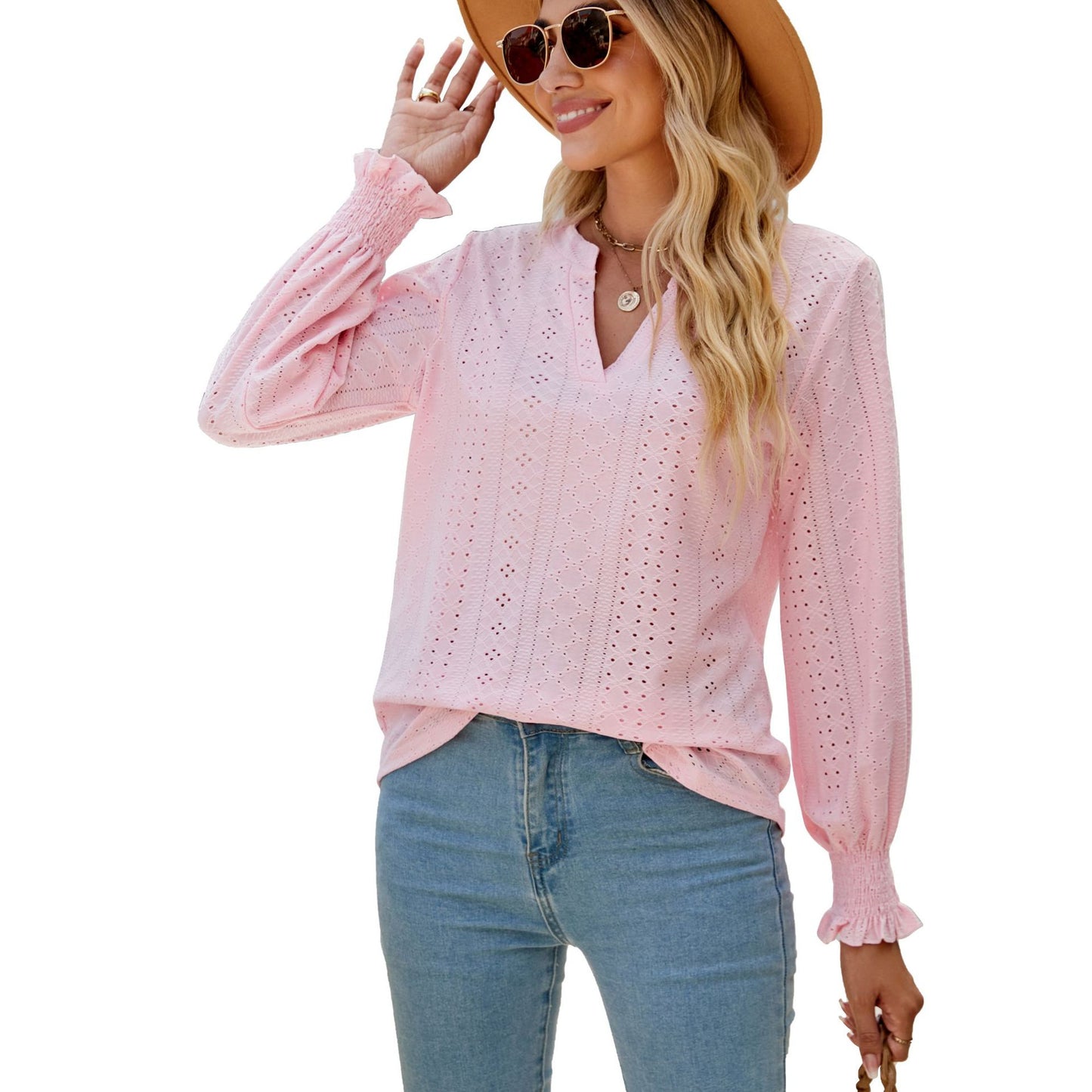 Solid Color Hollow-out Pleated Ruffle Shirts Sleeve V-neck Loose Long Sleeve Tops Women - globaltradeleader