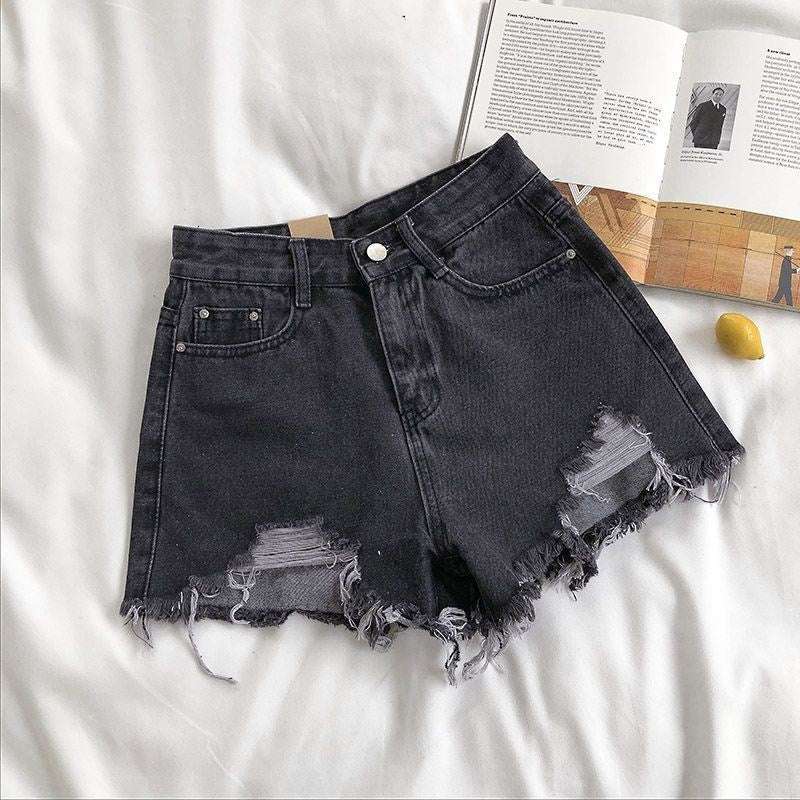 Denim Shorts Women's High Waist Loose Hole Wide Leg - globaltradeleader