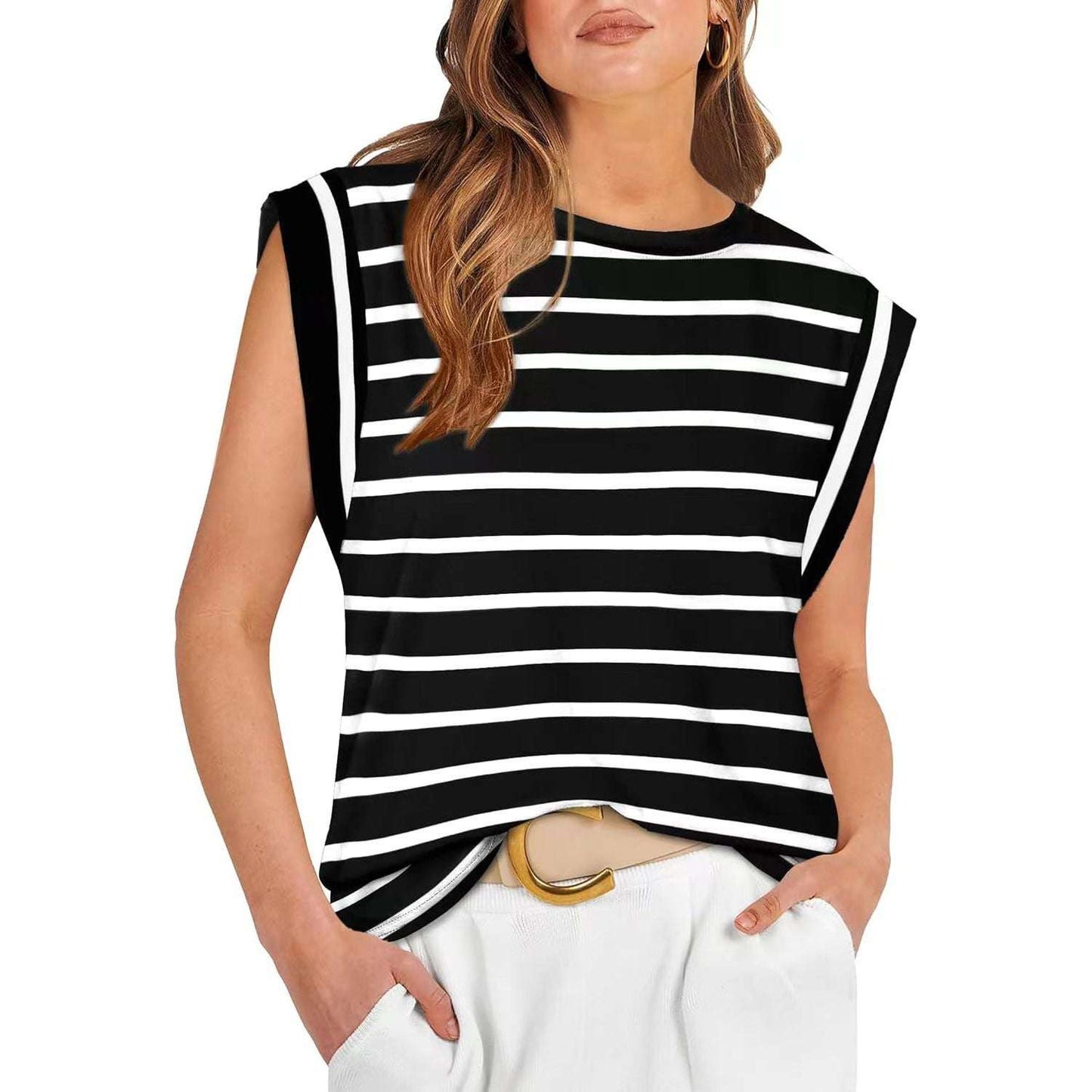 Spring And Summer New Round Neck Loose Short Sleeved T-shirt Striped Top Women's Vest - globaltradeleader
