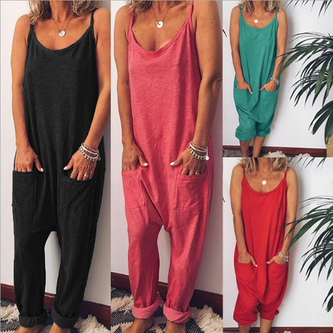 4-color Jumpsuit Summer Sling Backless Pocket Women