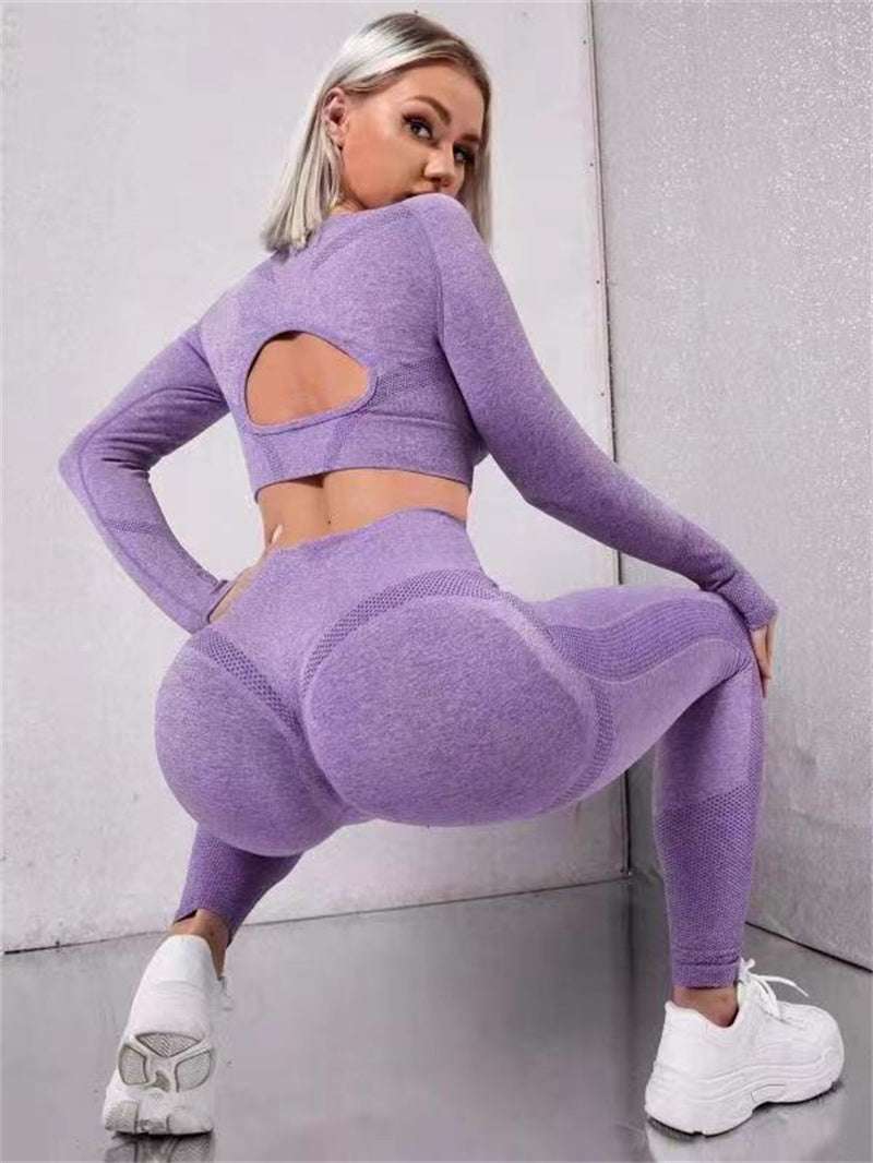 2pcs Sports Suits Long Sleeve Hollow Design Tops And Butt Lifting High Waist Seamless Fitness Leggings Sports Gym Sportswear Outfits Clothing - globaltradeleader