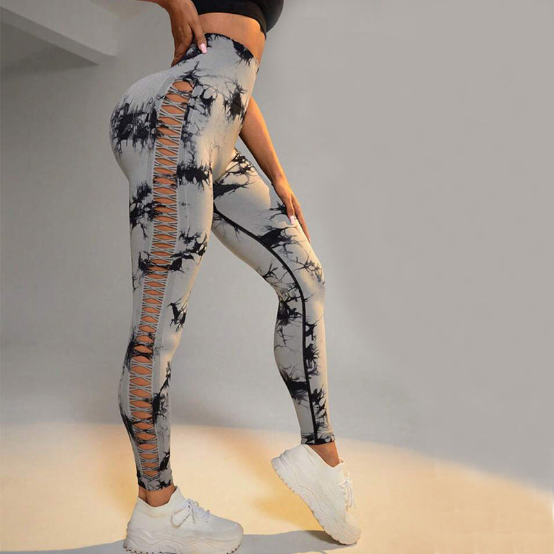 Hollow Tie Dye Printed Yoga Pants High Waist Butt Lift Seamless Sports Gym Fitness Leggings Slim Pants For Women Tight Trousers - globaltradeleader