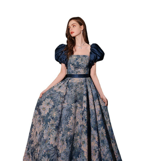 Light Luxury Minority Princess Court Oil Painting Style Tube Top Blue Evening Dress - globaltradeleader