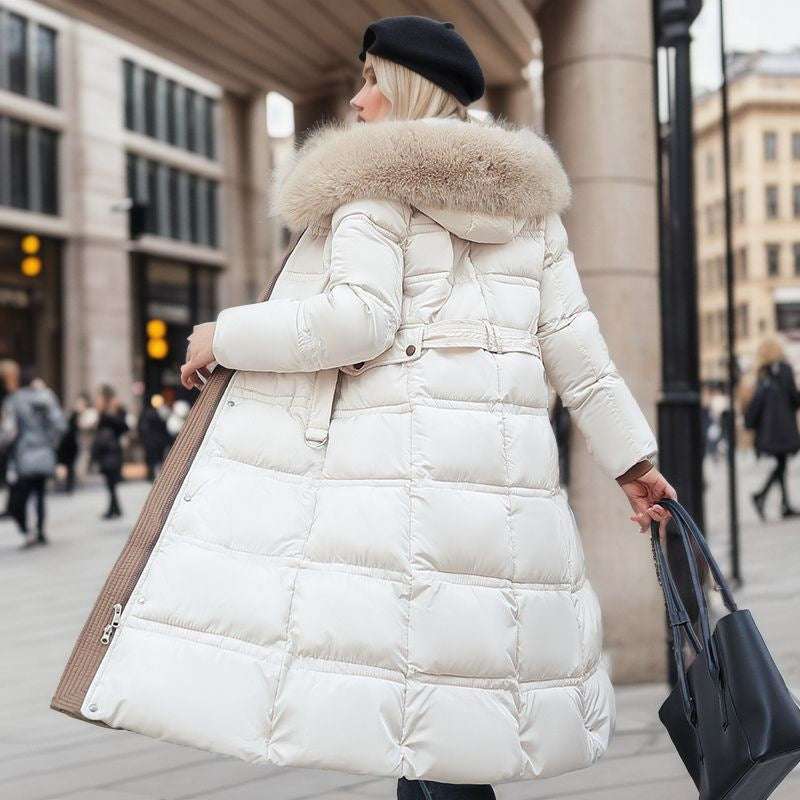 Winter Slim Long Jacket With Fur Hood And Belt Fashion Solid Hooded Coat Warm Clothing For Women - globaltradeleader