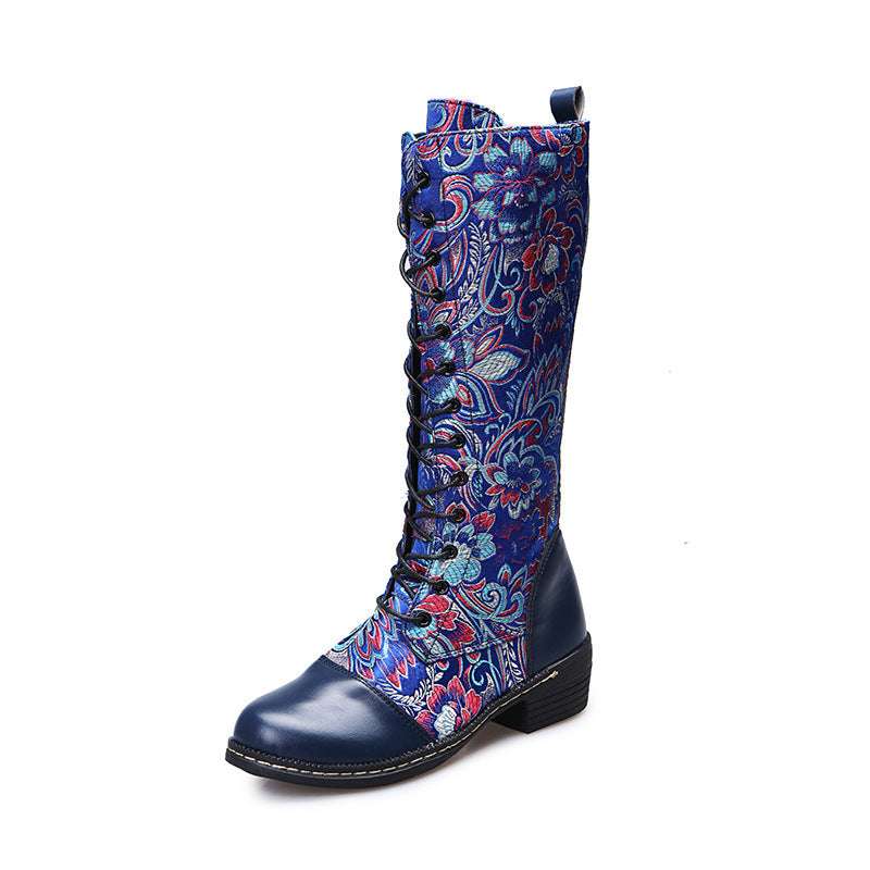 Flowers Print Long Boots WInter Retro Ethnic Style Shoes Lace-up Heeled Boots Women - globaltradeleader