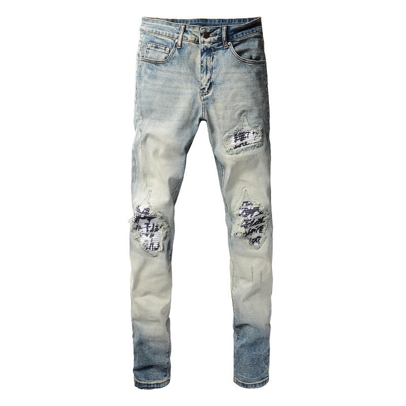 American High Street Fashionable Men's Ripped Black And White Patch Jeans - globaltradeleader