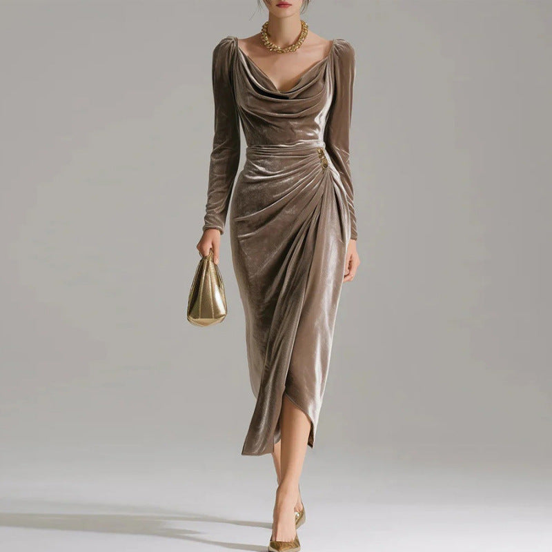 Long Sleeve Pleated Long Slit Velvet Sheath Dress - globaltradeleader