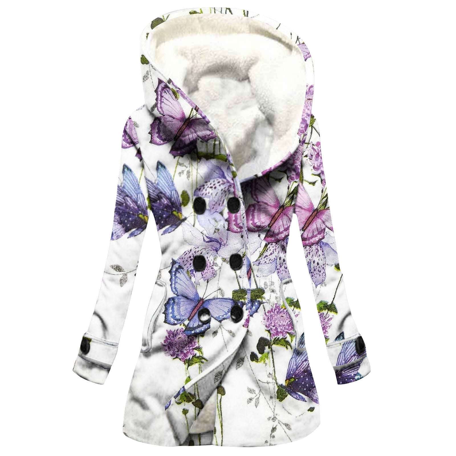 Women's Windbreaker Winter Thickened Imitation Lamb Stitching Floral Hooded - globaltradeleader