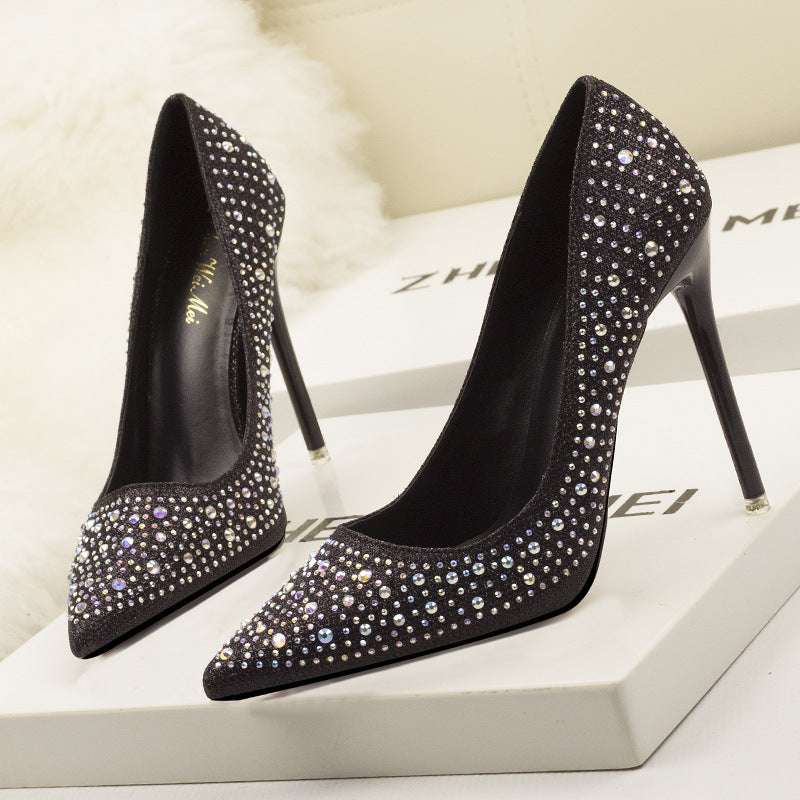 Korean Fashion Sweet And Elegant Thin Heel High Heel Shallow Mouth Thin Pointed Colored Diamond Rhinestone Wedding Shoes