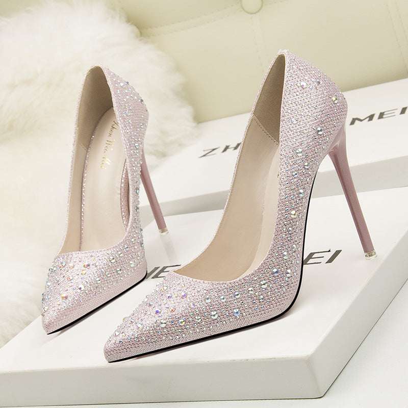 Korean Fashion Sweet And Elegant Thin Heel High Heel Shallow Mouth Thin Pointed Colored Diamond Rhinestone Wedding Shoes