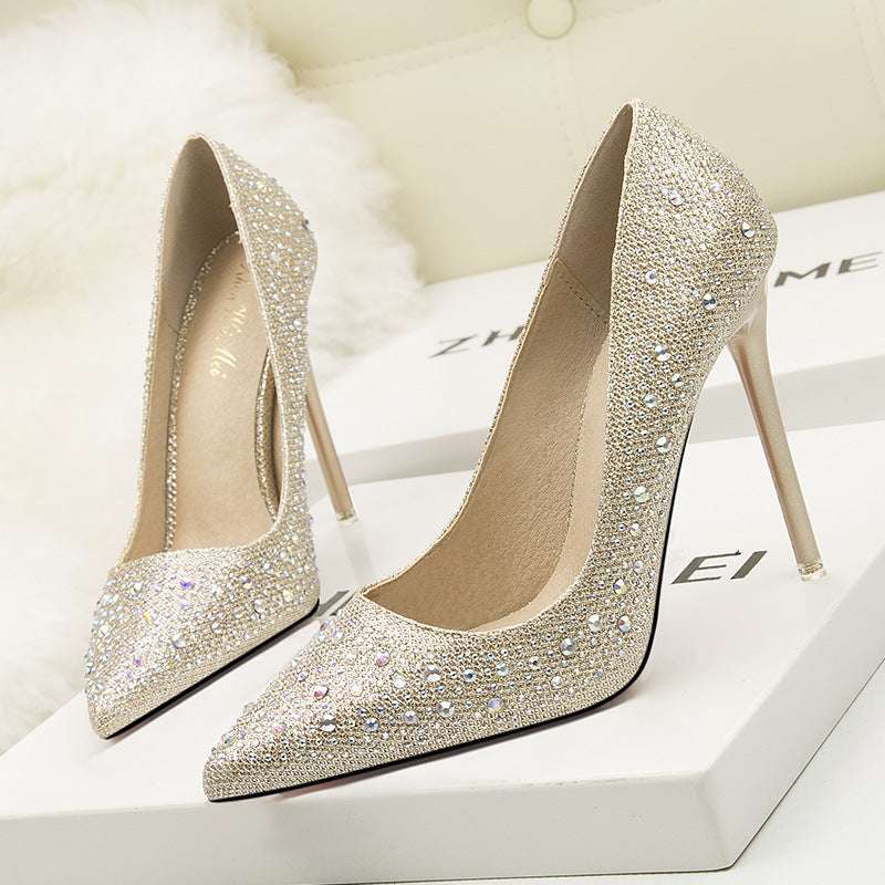 Korean Fashion Sweet And Elegant Thin Heel High Heel Shallow Mouth Thin Pointed Colored Diamond Rhinestone Wedding Shoes