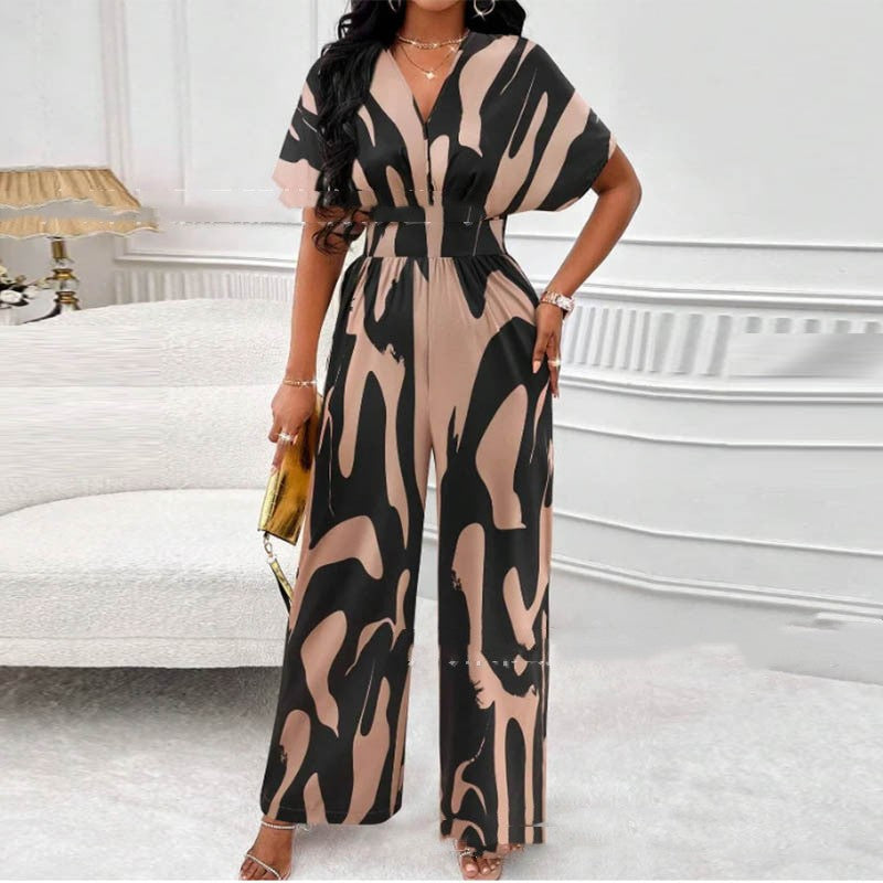 V-neck Loose Printed Long Jumpsuit - globaltradeleader