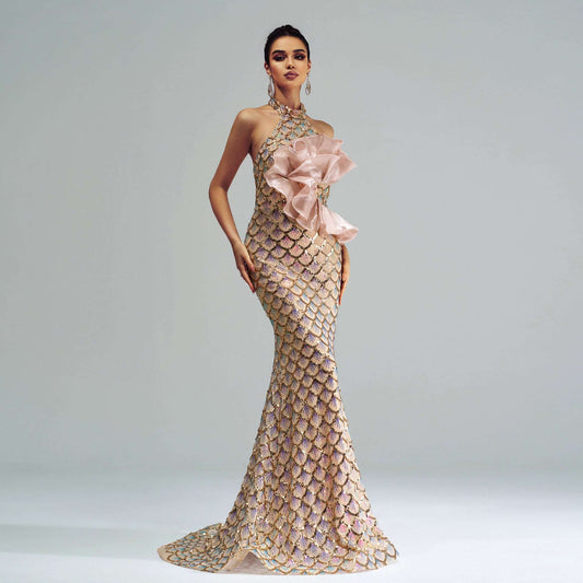 Halter Sequined Mermaid Evening Dress - globaltradeleader
